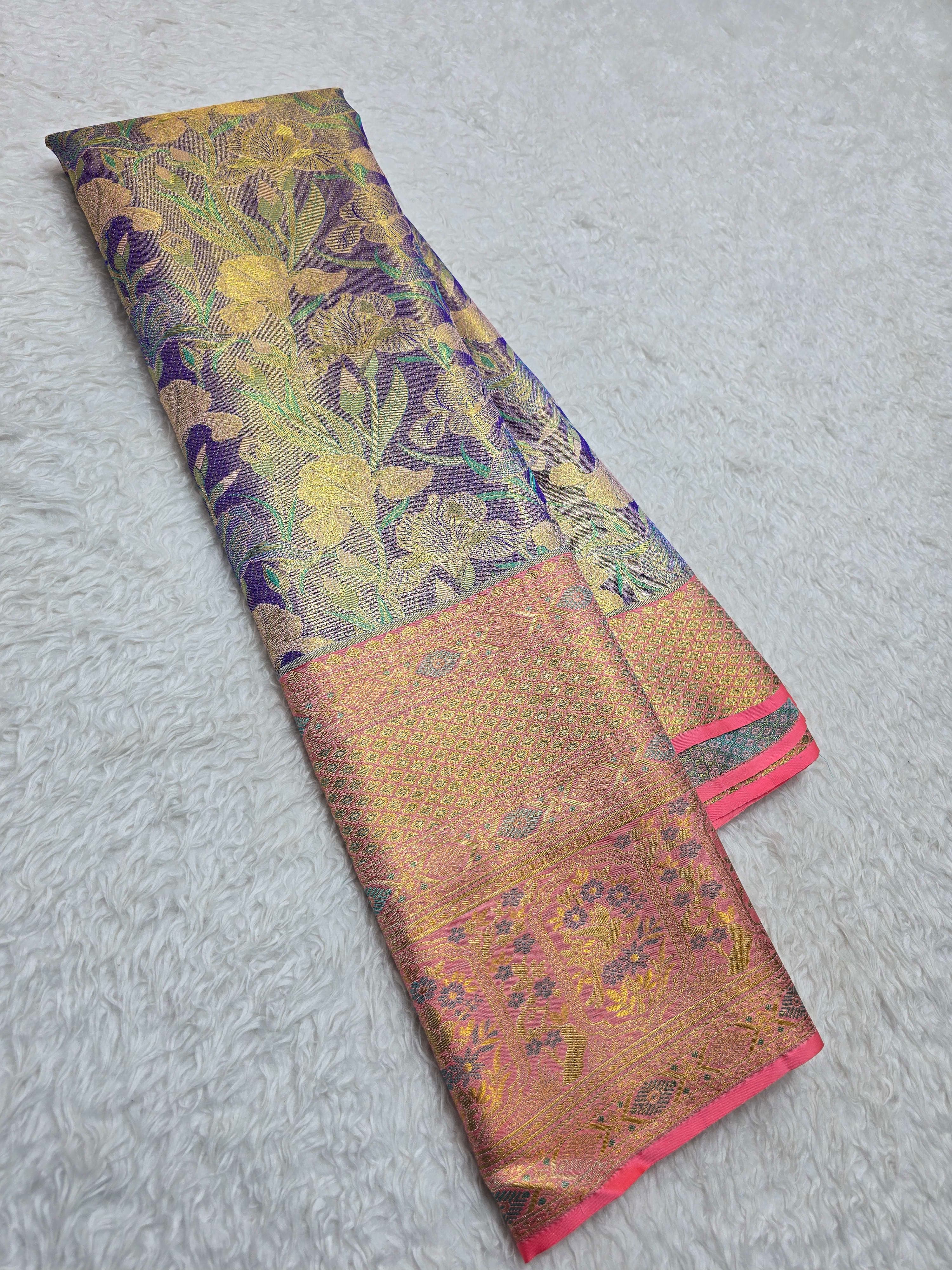Handloom Lavender With Peach Silk Saree - View 1