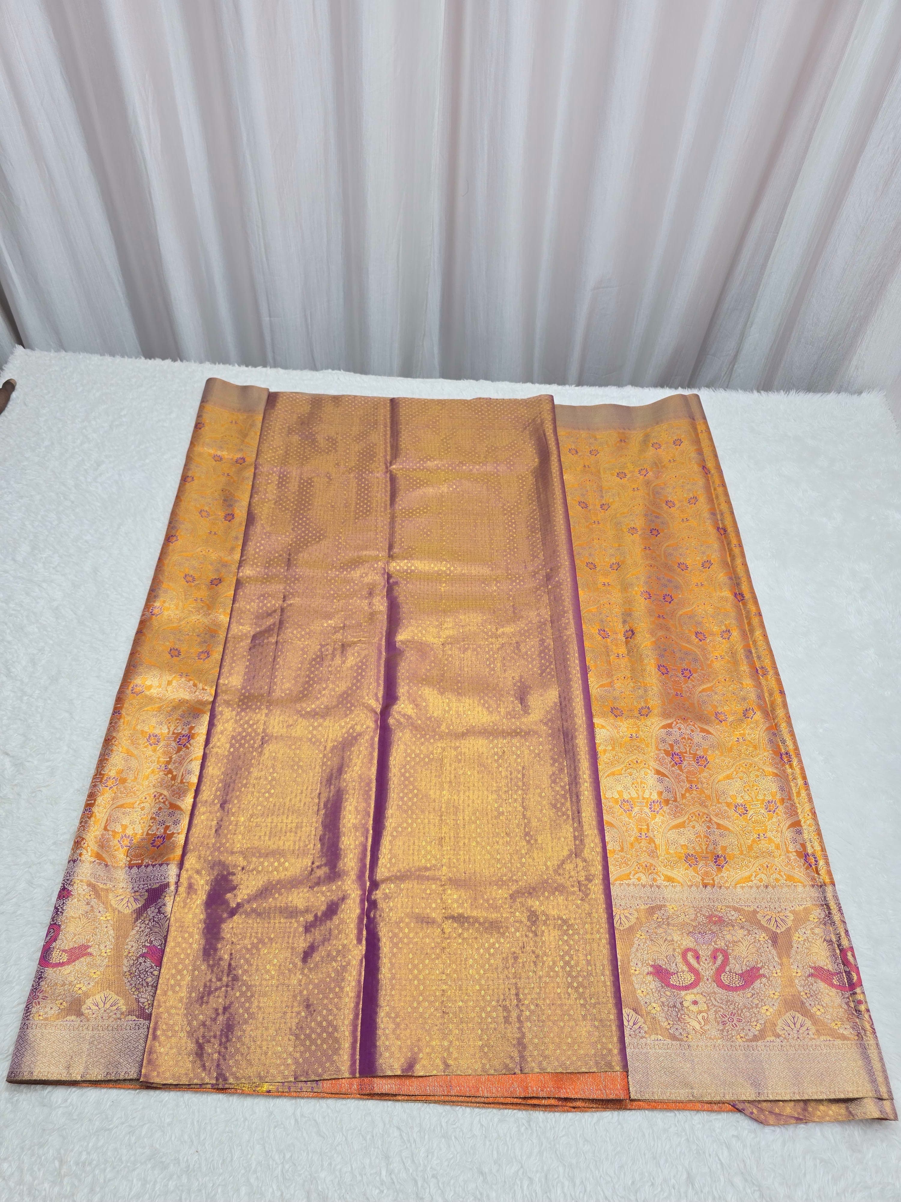 Handloom Golden Orange Silk Saree thumbnail 4