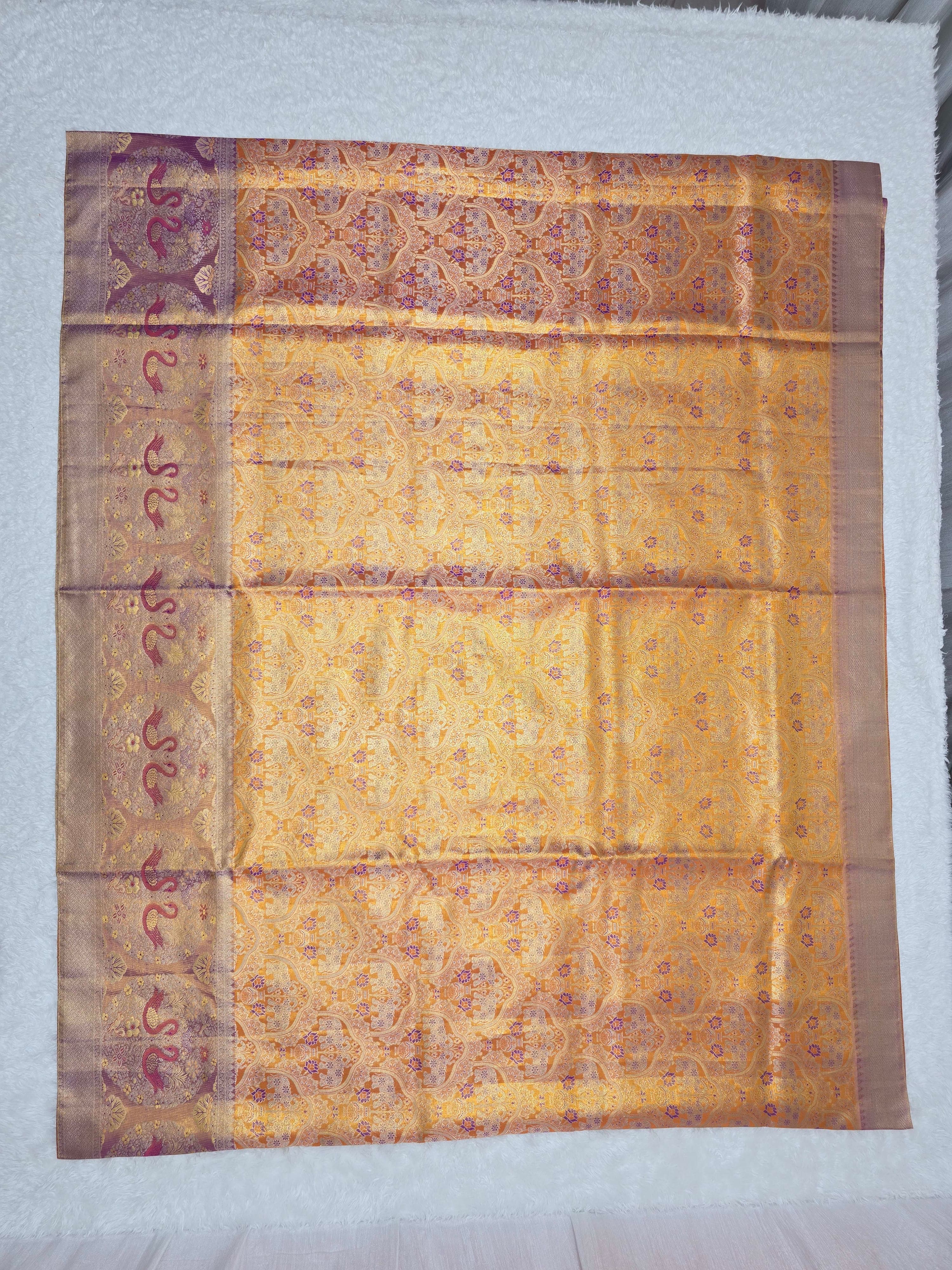 Handloom Golden Orange Silk Saree thumbnail 2
