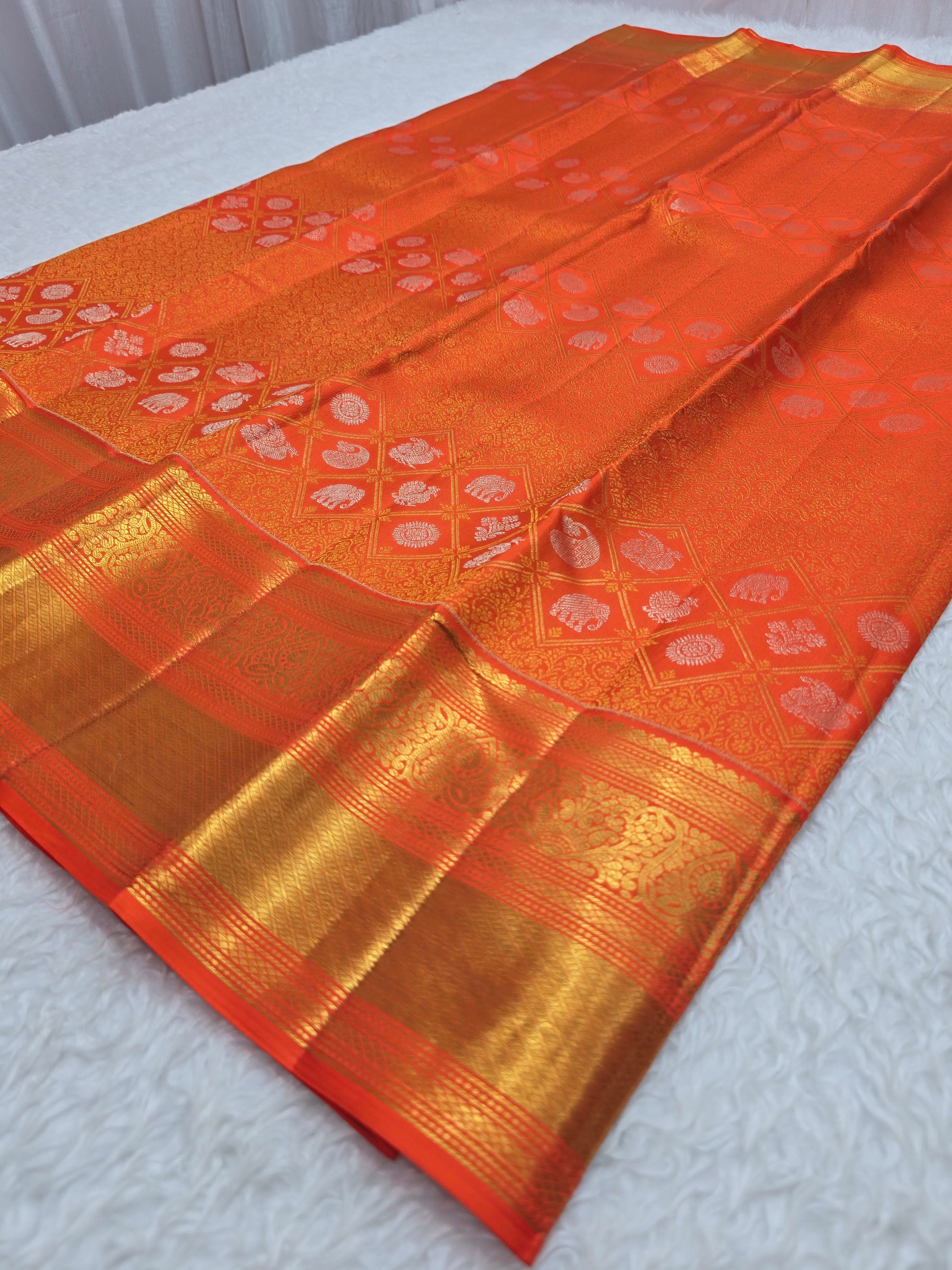Handloom Orange Silk Saree thumbnail 5